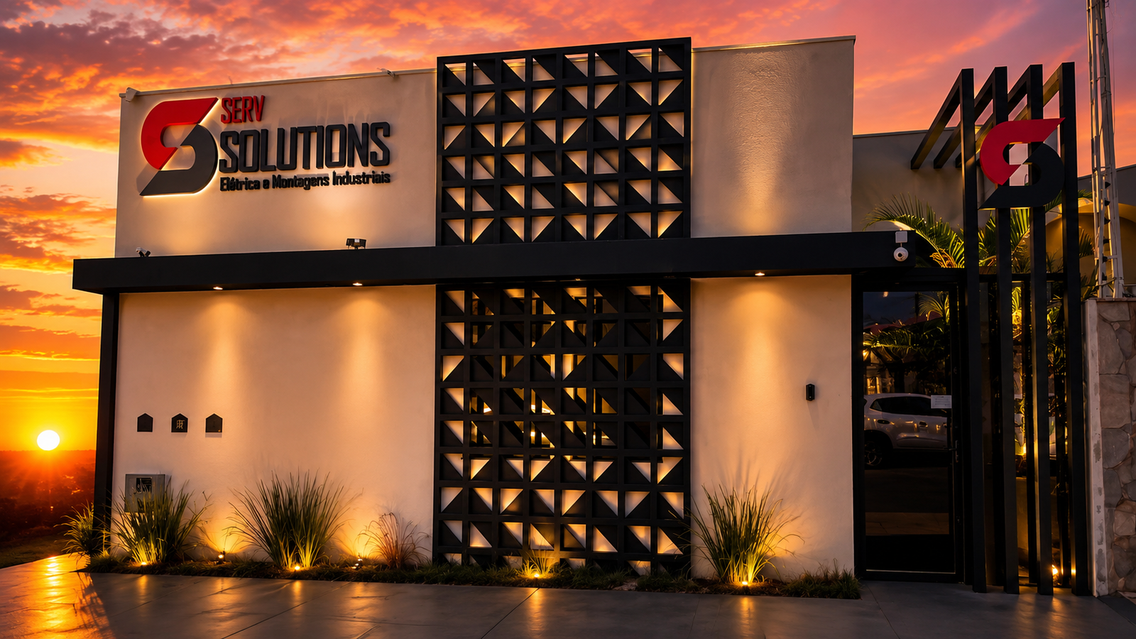 Sede da Serv Solutions em Guariba/SP ao entardecer